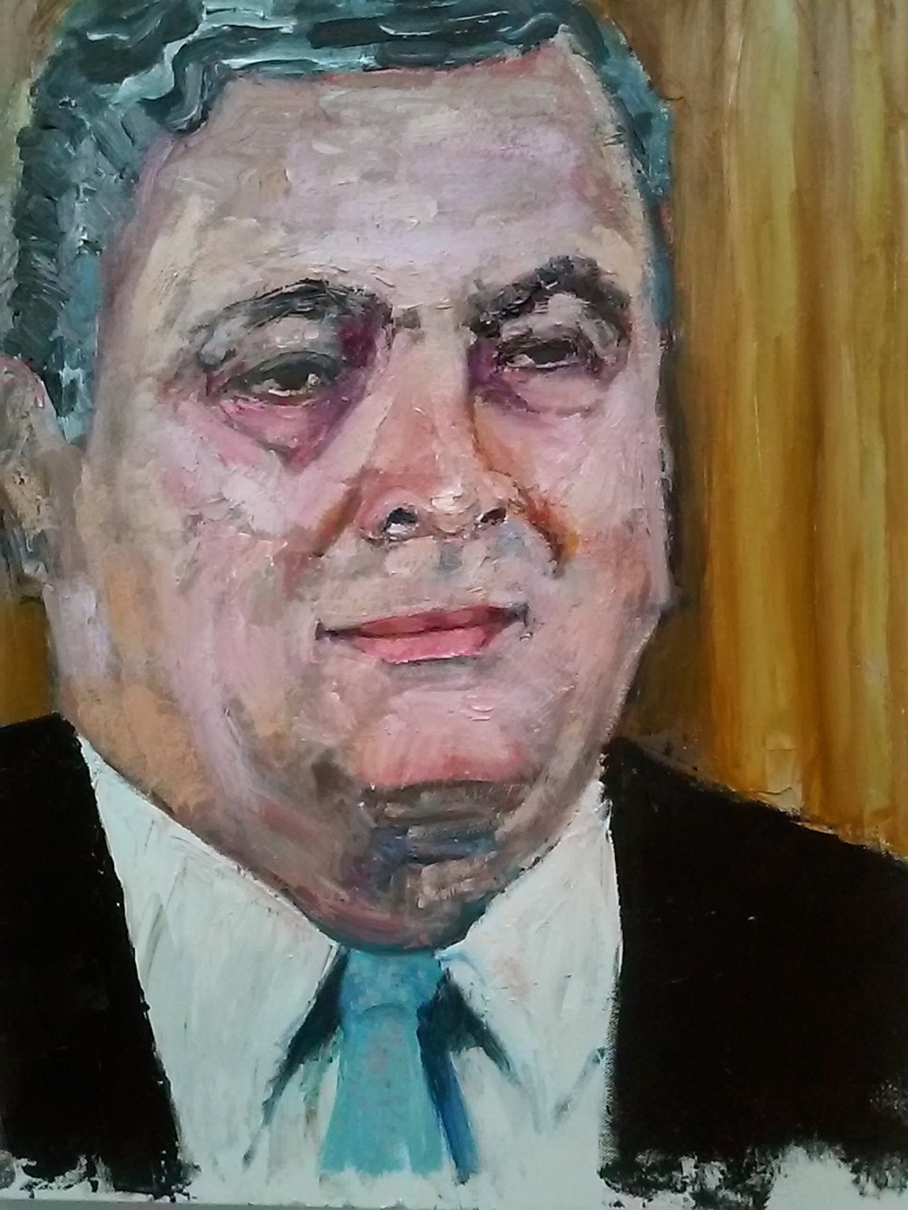 He Denies Death by Torture, 18x24, oil on canvas, Sandra Koponen © 2015 Central Intelligence Agency (CIA)George Tenet, Director of Central IntelligenceJul. 11, 1997 - Jul. 11, 2004Tenet led the CIA when it established secret prisons overseas and tortured its prisoners using &ldquo;enhanced interrogation techniques,&rdquo; such as waterboarding. Beginning in early 2002, Tenet met with the National Security Council Principals Committee to obtain approval for the CIA&rsquo;s use of specific interrogation techniques on each of the so-called &ldquo;high value&rdquo; detainees. Tenet reportedly gave detailed descriptions and photographs of the techniques to the Principals Committee, which included Vice President Dick Cheney, Secretary of Defense Donald Rumsfeld, and National Security Adviser Condoleezza Rice. Tenet signed written interrogation plans and conditions of confinement guidelines that authorized the CIA to use methods including stress positions, walling, slapping, wall standing, waterboarding, and sleep deprivation. Tenet also repeatedly asked for reaffirmation of the CIA&rsquo;s use of specific interrogation techniques, both from the Principals Committee and from the DOJ&rsquo;s Office of Legal Counsel.***https://www.aclu.org/infographic/infographic-torture-architects