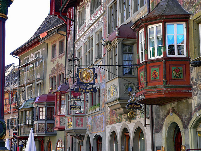 Frescoed buildings on the Town Hall Square in the picturesque Stein am Rhein, Switzerland