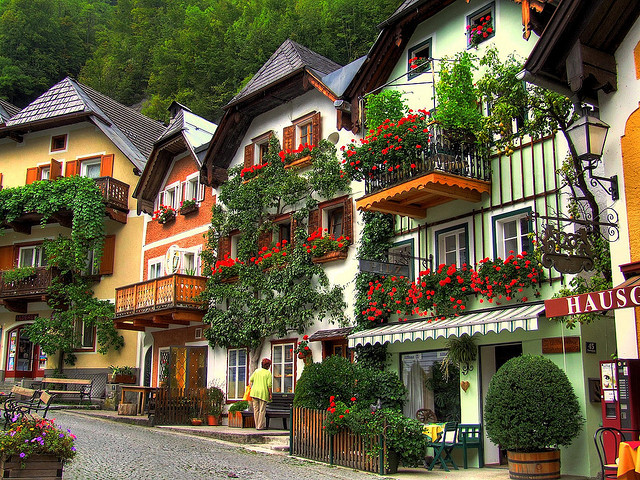 Beautiful houses in Hallstatt, Salzkammergut, Austria